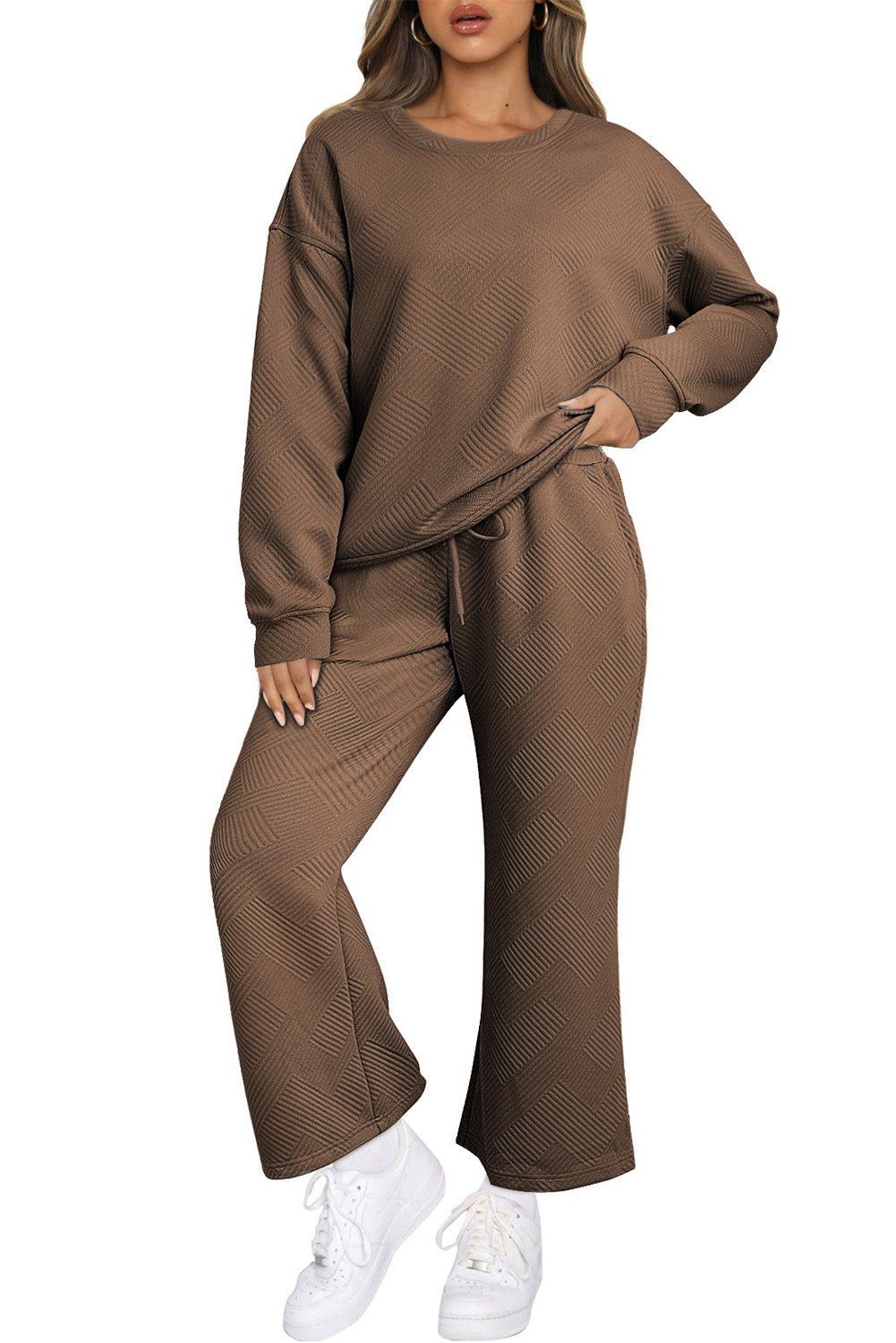 Ensemble Marron Foncé Texturé Ample Décontracté Haut à Manches Longues et Pantalon