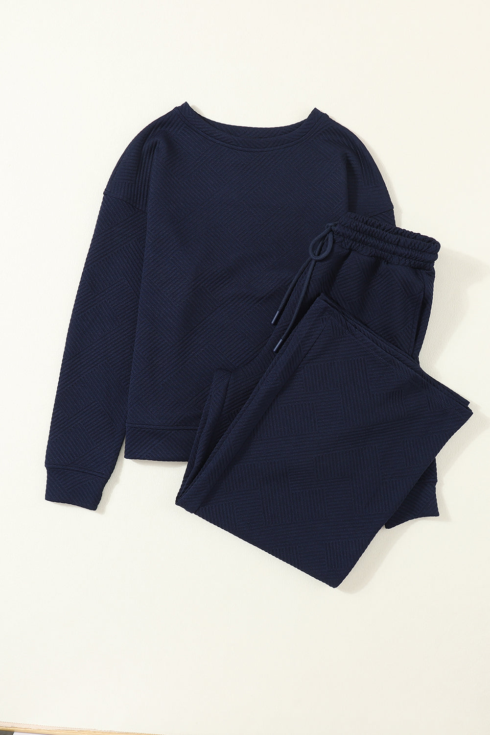 Ensemble Bleu Marine Texturé Ample Décontracté Haut à Manches Longues et Pantalon