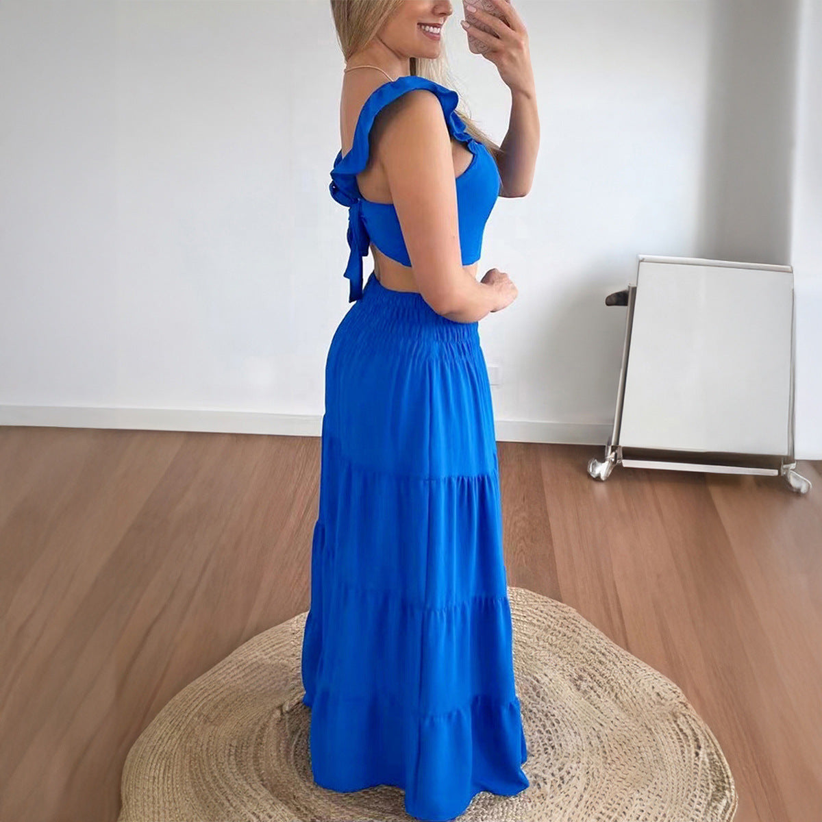 Ensemble Jupe Évasée Manches Courtes Style Vacances Été Femme