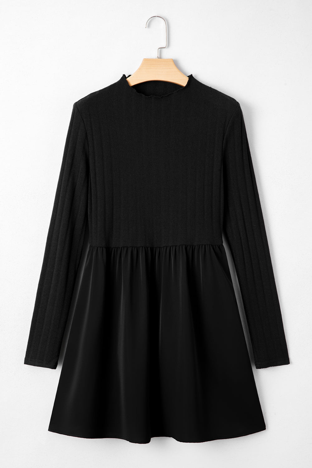 Robe Mini Noire à Col Volants Tricot Côtelé Patchwork Manches Longues