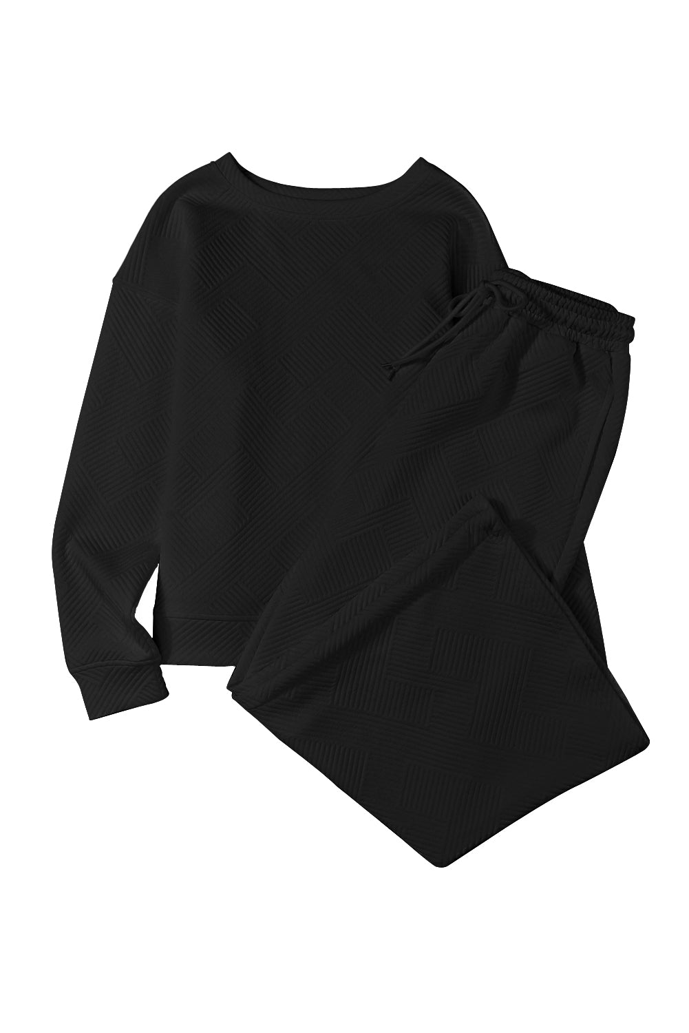 Ensemble Noir Texturé Ample Décontracté Haut à Manches Longues et Pantalon