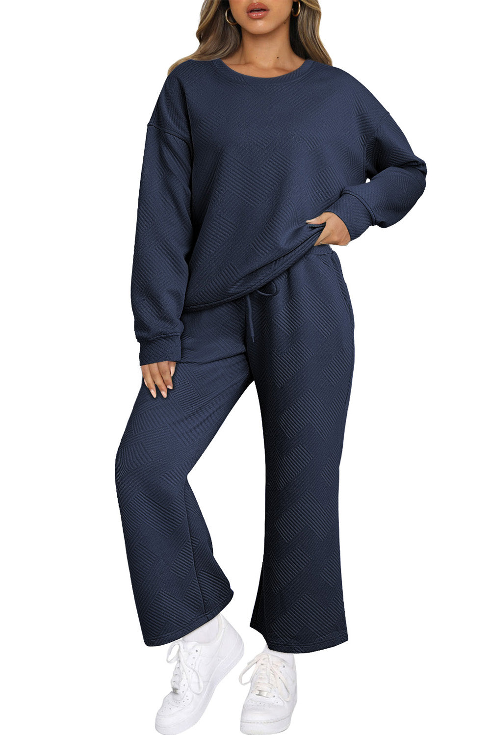 Ensemble Bleu Marine Texturé Ample Décontracté Haut à Manches Longues et Pantalon