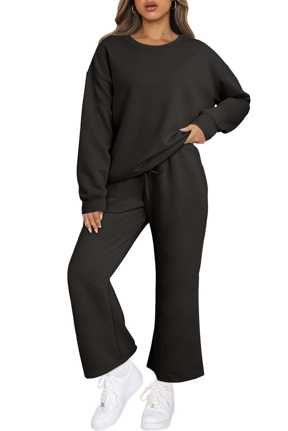 Ensemble Noir Texturé Ample Décontracté Haut à Manches Longues et Pantalon