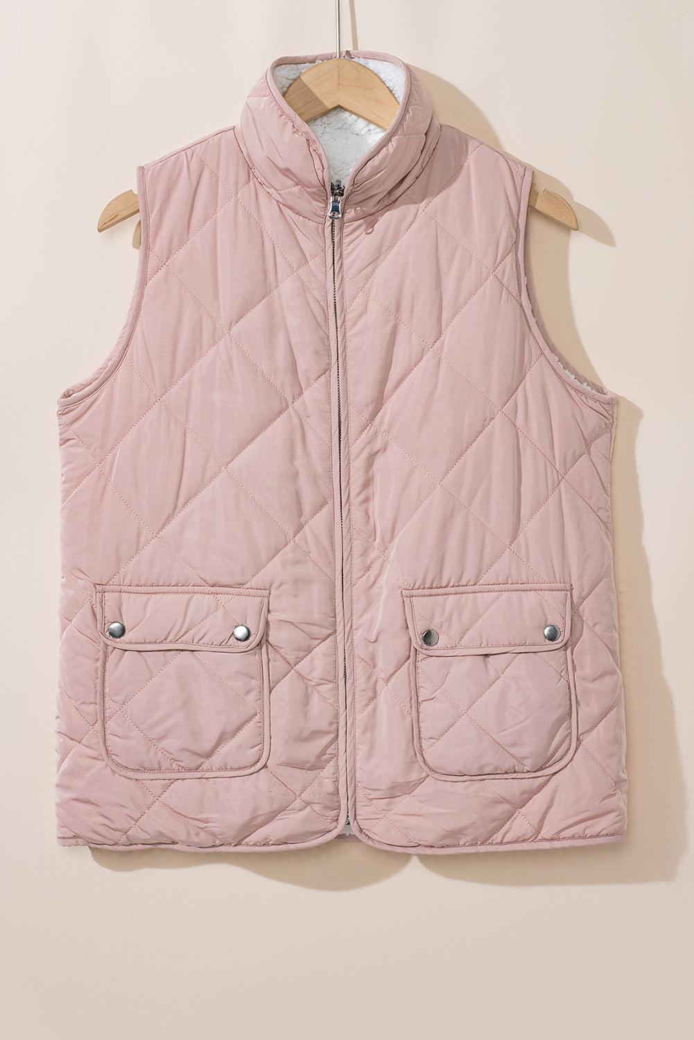 Gilet Sans Manches Matelassé Rose Doublé Polaire avec Zip