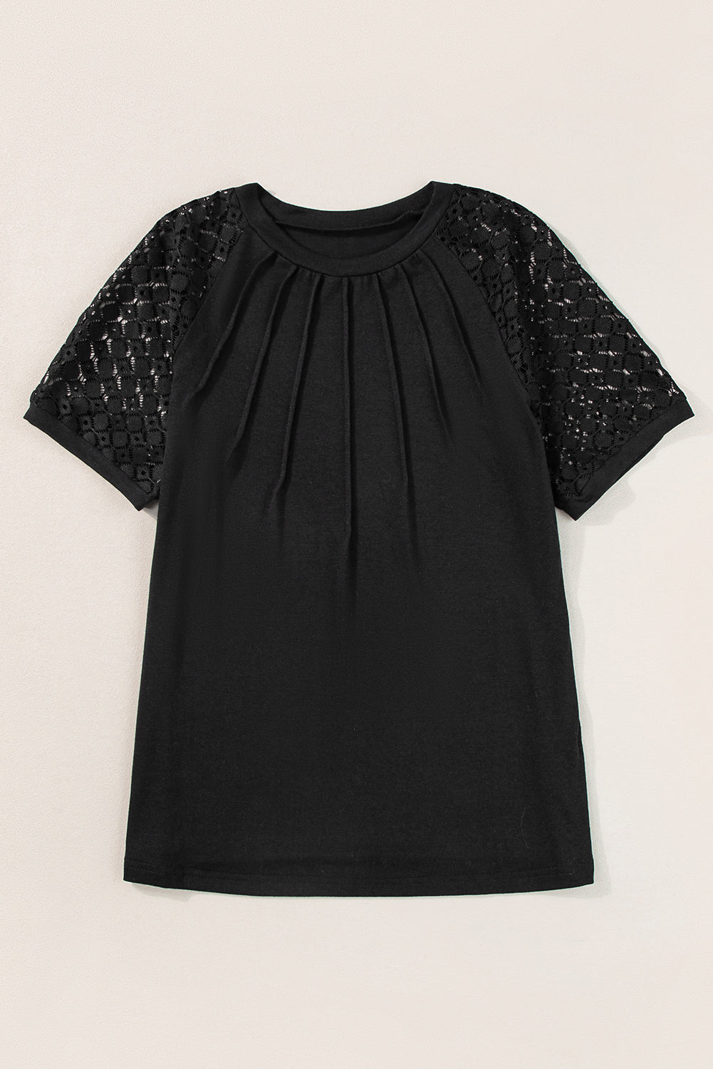 T-Shirt Noir Détails Coutures Dentelle Contrastante Manches Raglan