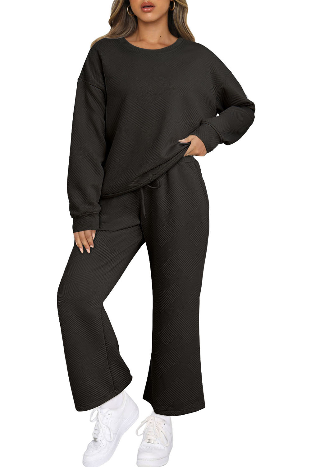 Ensemble Noir Texturé Ample Décontracté Haut à Manches Longues et Pantalon