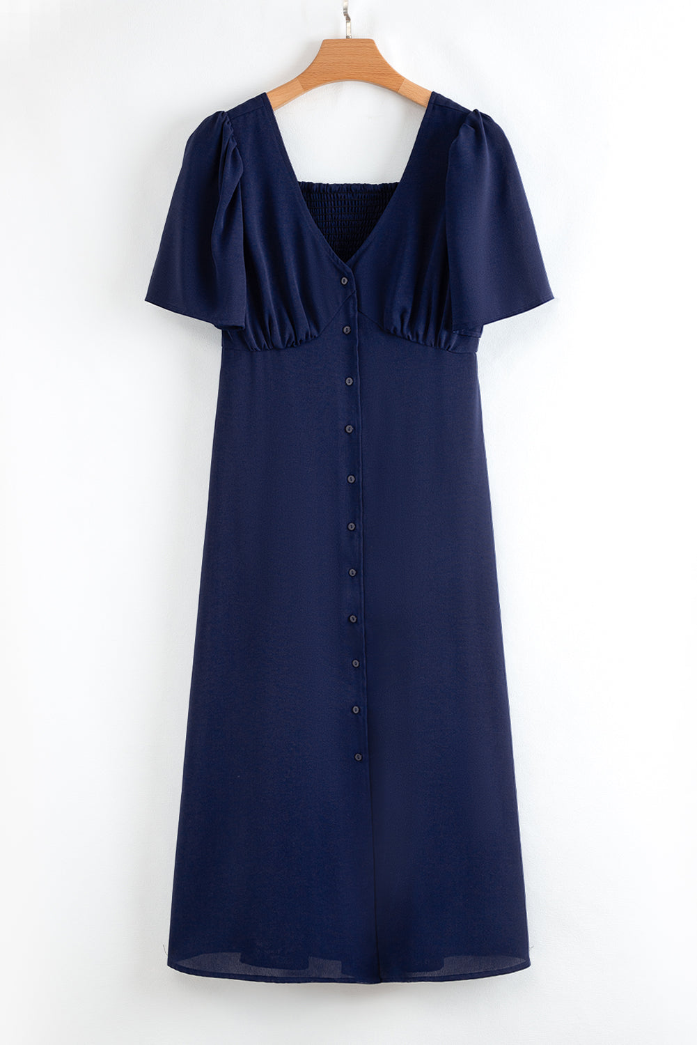 Robe Midi Bleu Marine Col V Boutonnée Devant Dos Froncé Manches Courtes