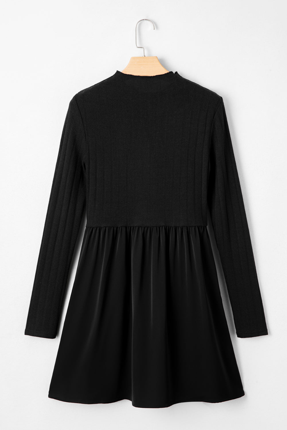 Robe Mini Noire à Col Volants Tricot Côtelé Patchwork Manches Longues