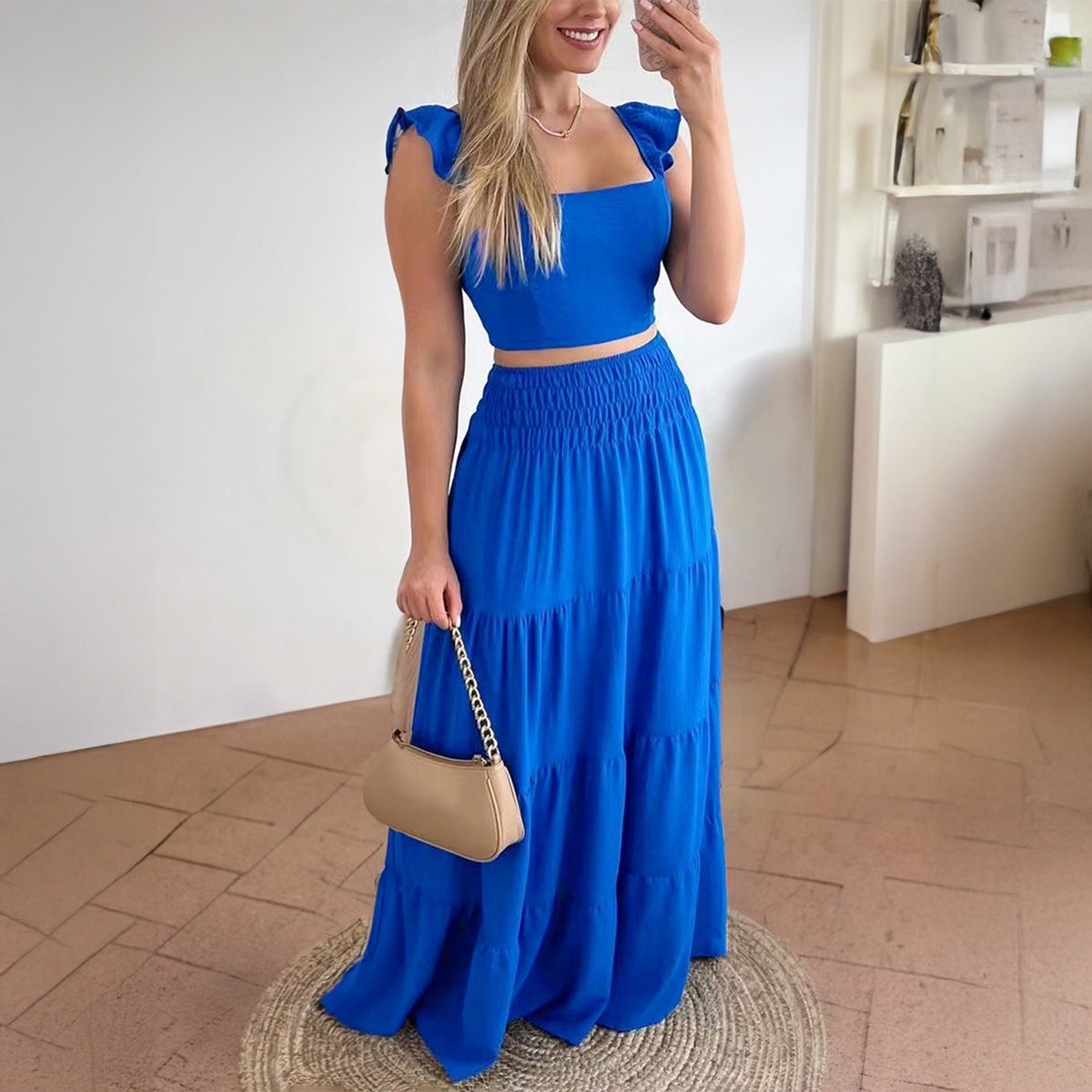 Ensemble Jupe Évasée Manches Courtes Style Vacances Été Femme