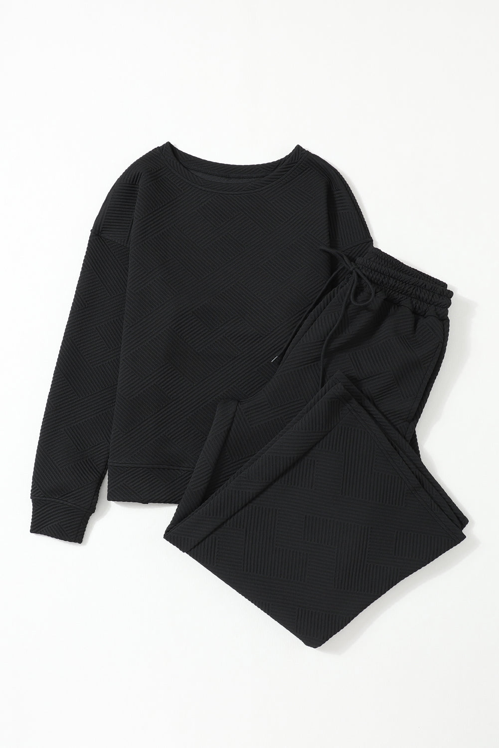 Ensemble Noir Texturé Ample Décontracté Haut à Manches Longues et Pantalon