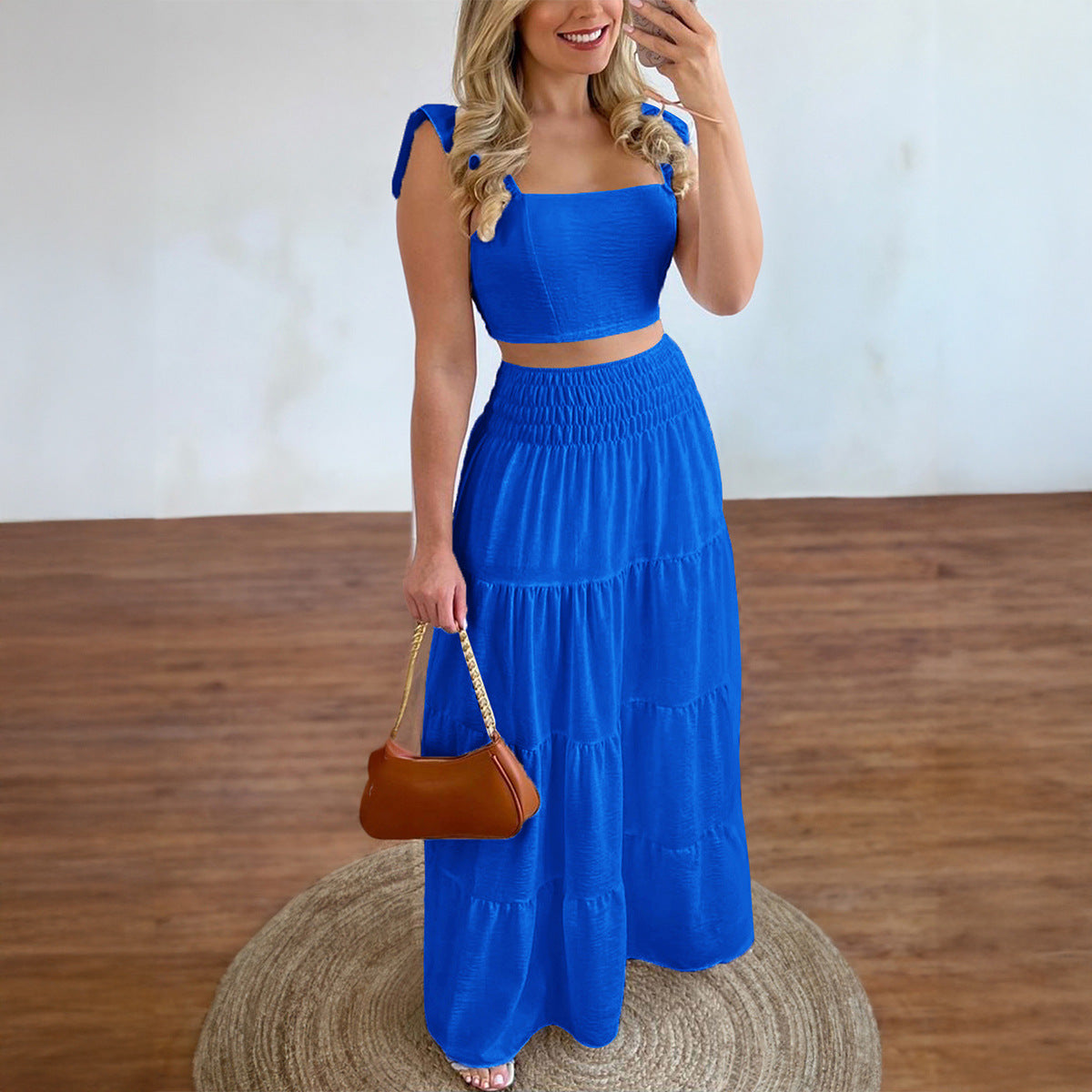 Ensemble Jupe Évasée Manches Courtes Style Vacances Été Femme
