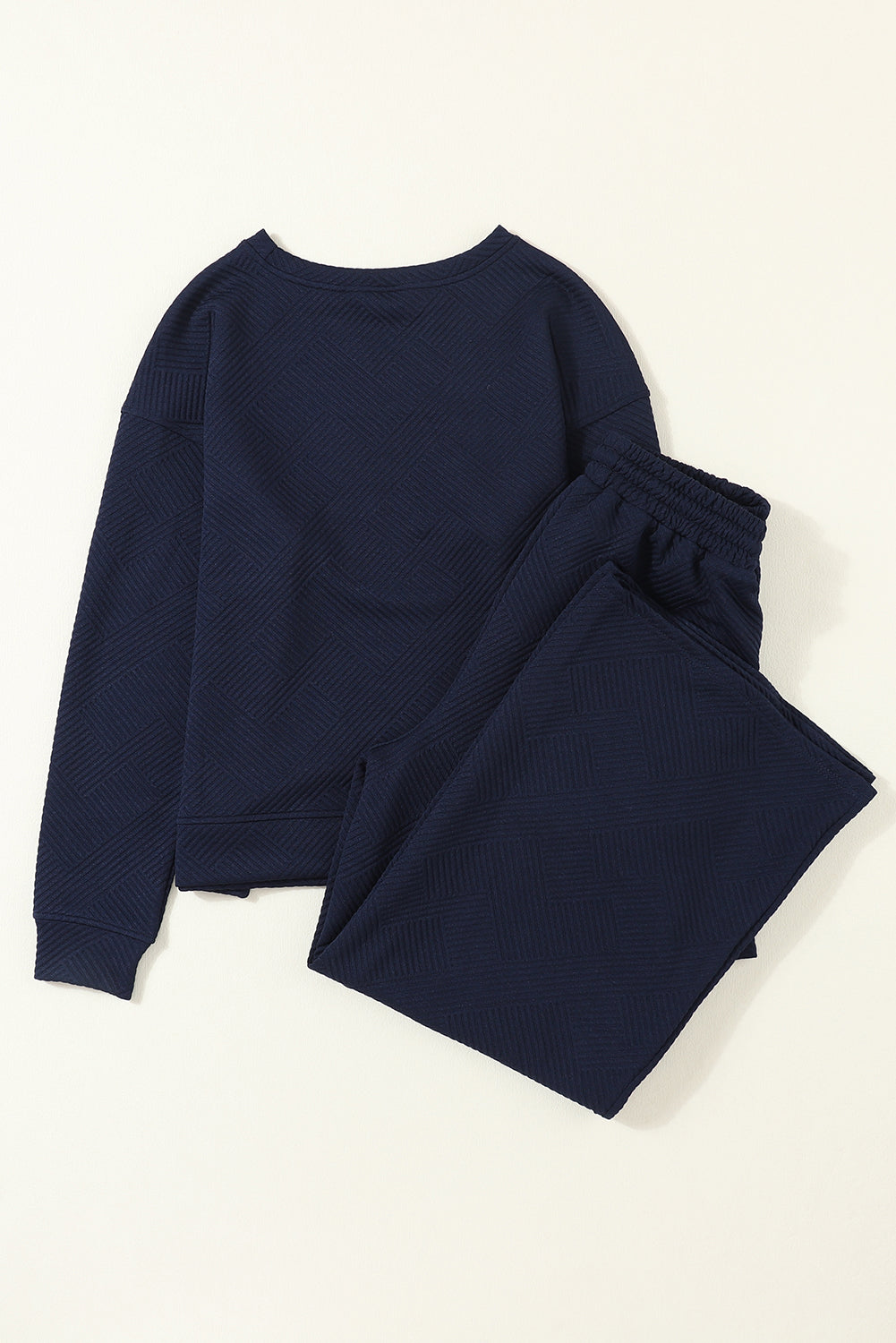 Ensemble Bleu Marine Texturé Ample Décontracté Haut à Manches Longues et Pantalon