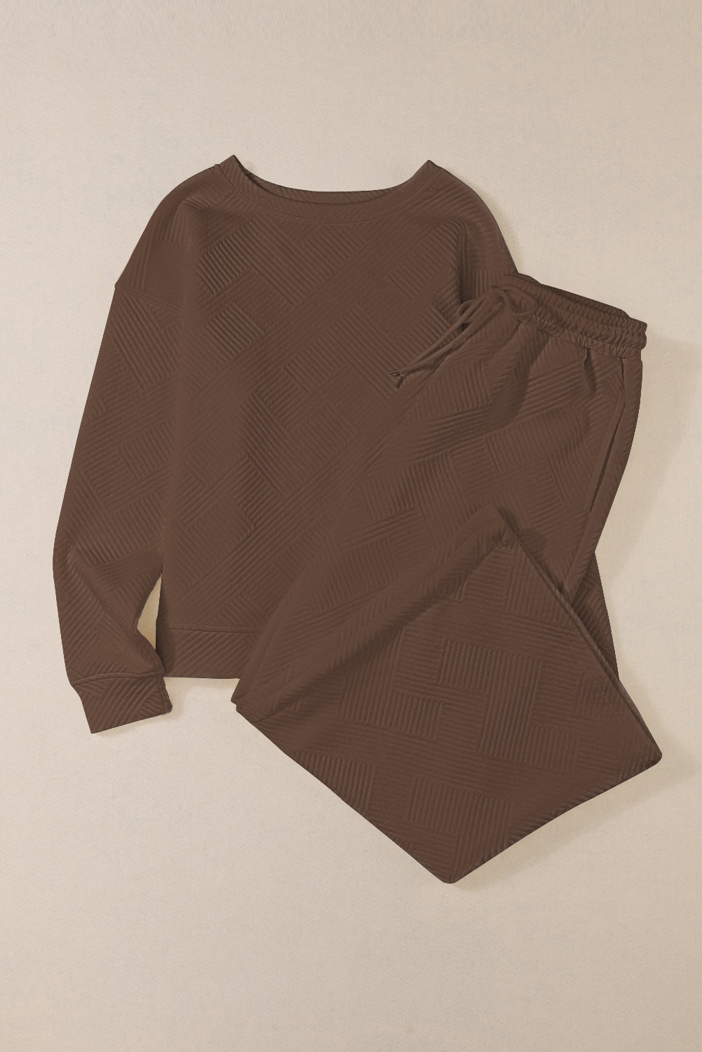 Ensemble Marron Foncé Texturé Ample Décontracté Haut à Manches Longues et Pantalon