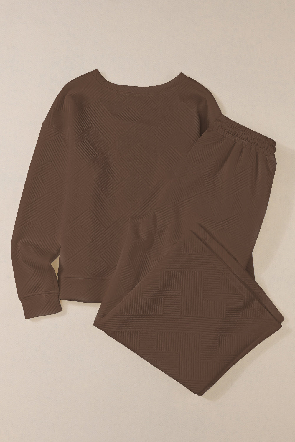 Ensemble Marron Foncé Texturé Ample Décontracté Haut à Manches Longues et Pantalon