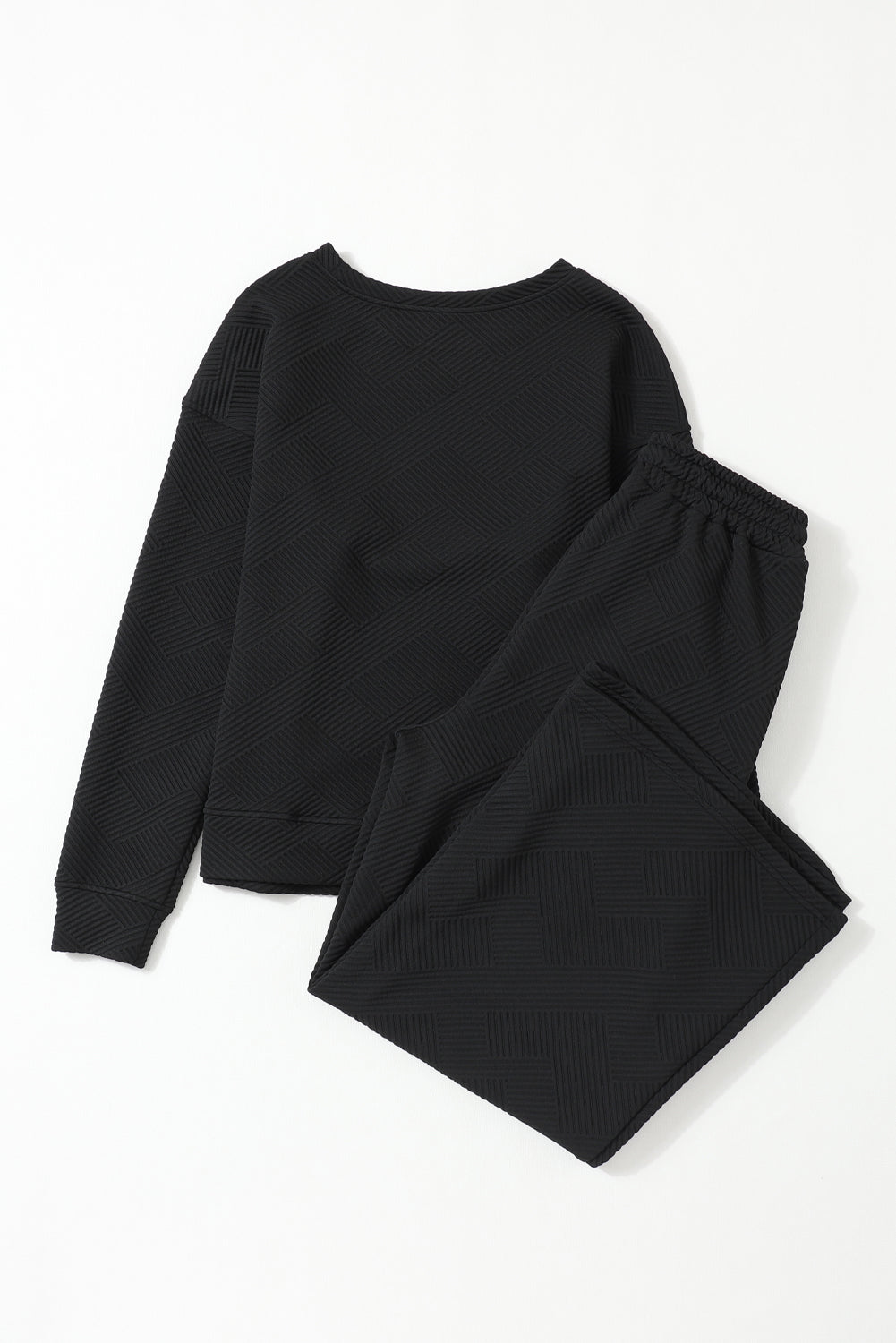 Ensemble Noir Texturé Ample Décontracté Haut à Manches Longues et Pantalon