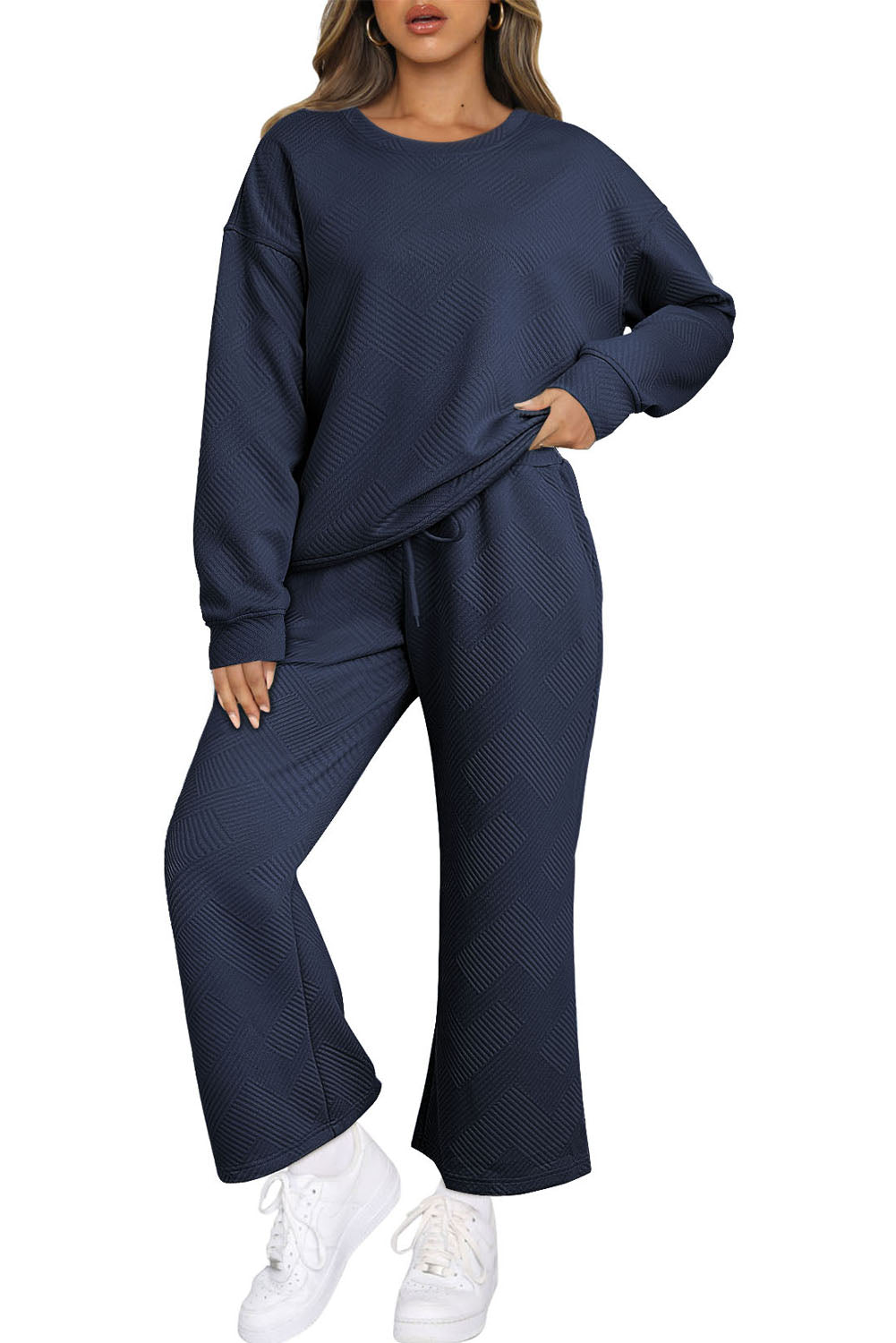 Ensemble Bleu Marine Texturé Ample Décontracté Haut à Manches Longues et Pantalon