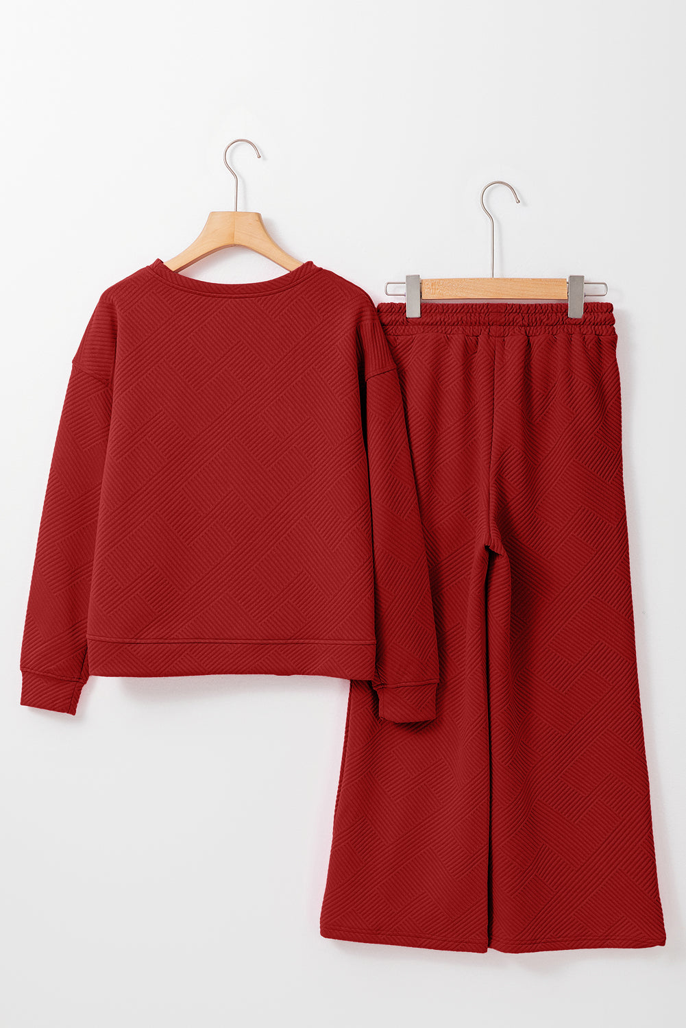Ensemble Dahlia Rouge Texturé Ample Décontracté Haut à Manches Longues et Pantalon