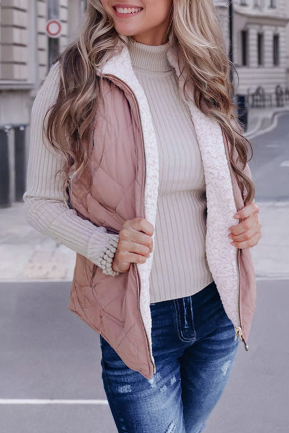 Gilet Sans Manches Matelassé Rose Doublé Polaire avec Zip