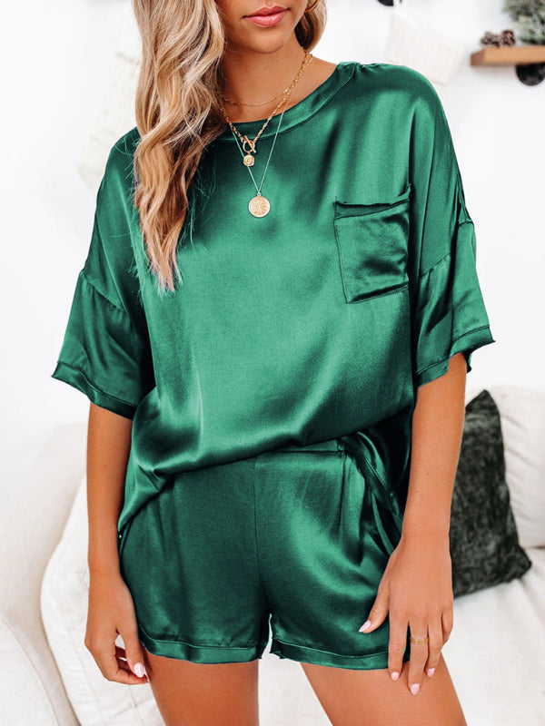 Pyjama Satin Femme Manches Courtes Short Irrégulier Ensemble 2 Pièces
