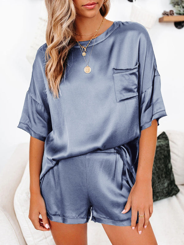 Pyjama Satin Femme Manches Courtes Short Irrégulier Ensemble 2 Pièces