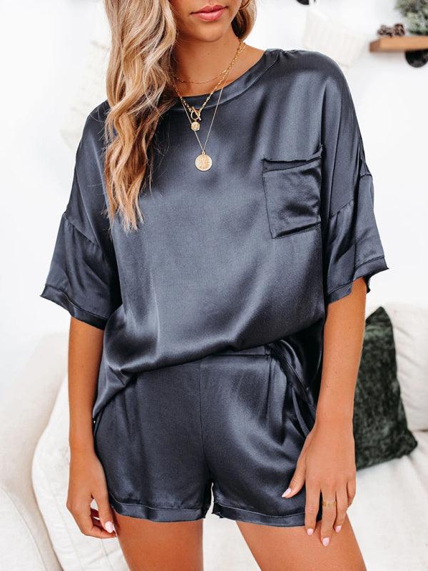 Pyjama Satin Femme Manches Courtes Short Irrégulier Ensemble 2 Pièces