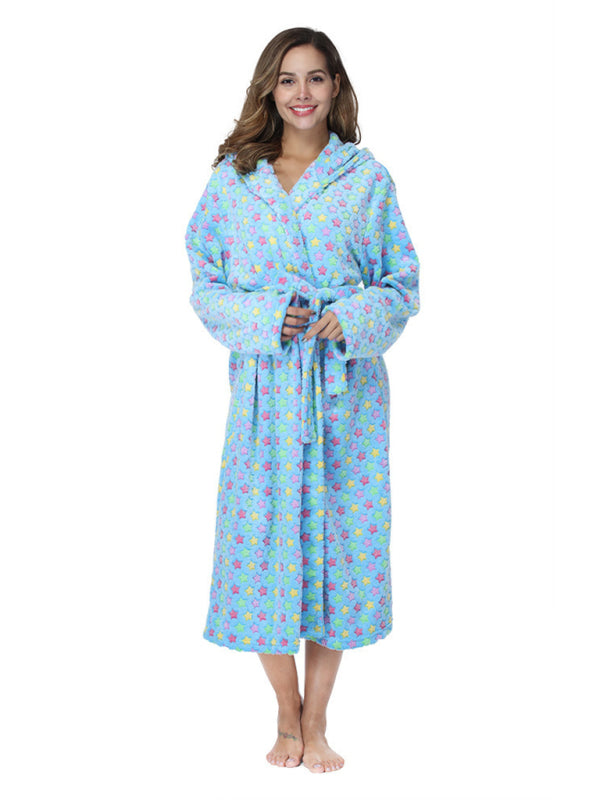 Peignoir Femme en Flanelle Imprimée à Col Revers Décontracté