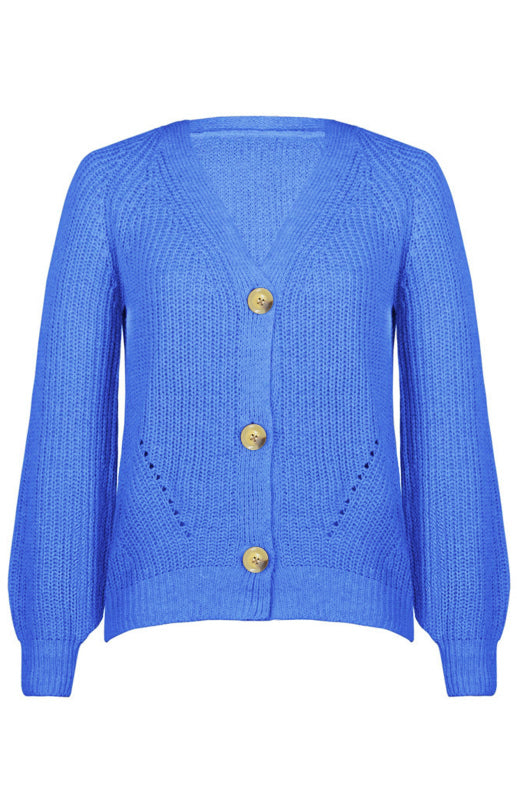Cardigan Tricoté Uni Col V Manches Bouffantes avec Boutons