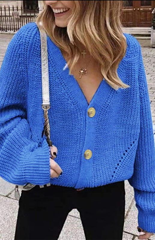 Cardigan Tricoté Uni Col V Manches Bouffantes avec Boutons