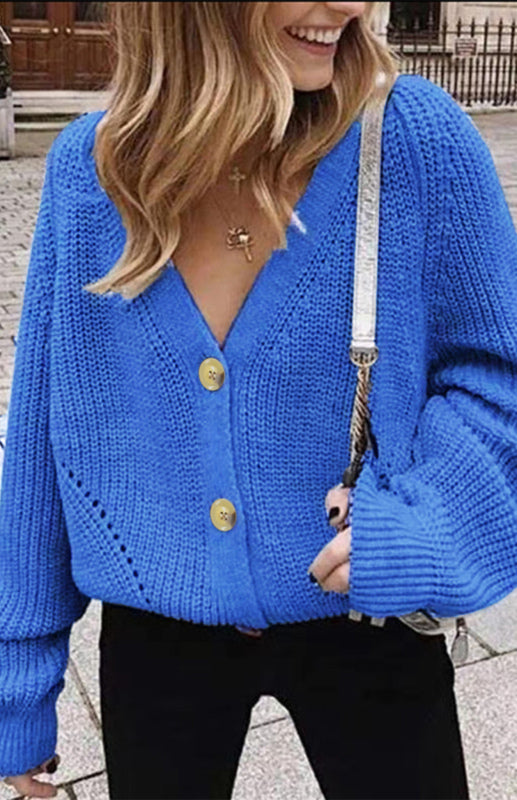 Cardigan Tricoté Uni Col V Manches Bouffantes avec Boutons