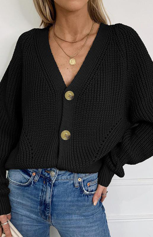 Cardigan Tricoté Uni Col V Manches Bouffantes avec Boutons