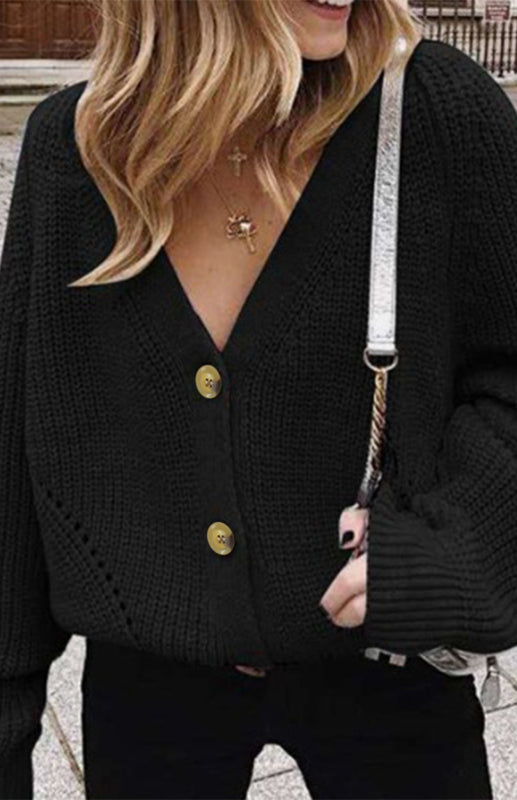 Cardigan Tricoté Uni Col V Manches Bouffantes avec Boutons