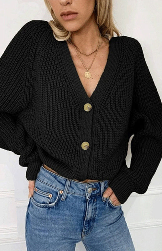 Cardigan Tricoté Uni Col V Manches Bouffantes avec Boutons