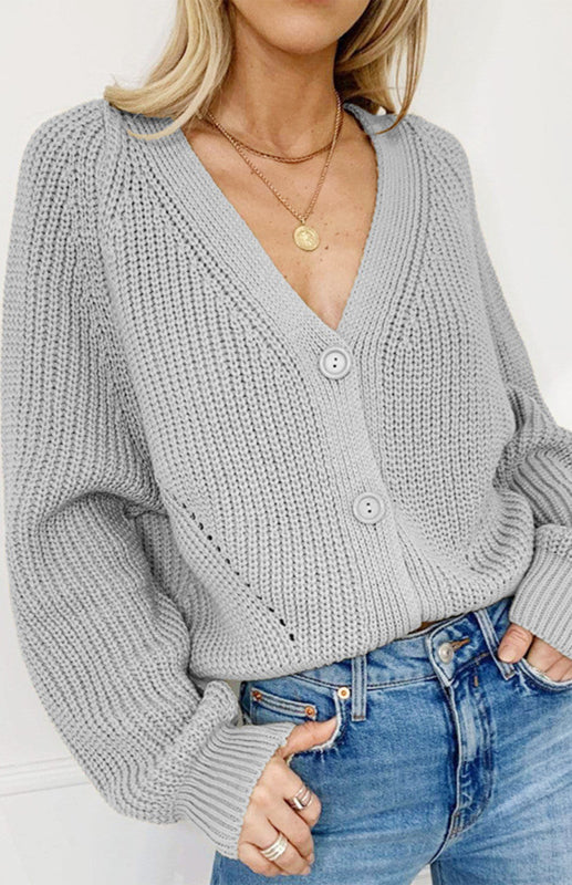 Cardigan Tricoté Uni Col V Manches Bouffantes avec Boutons