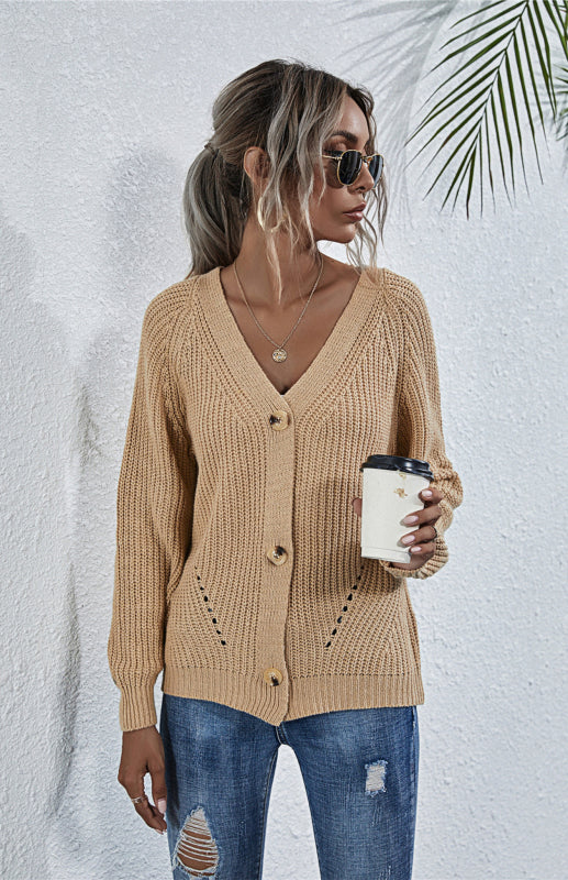Cardigan Tricoté Uni Col V Manches Bouffantes avec Boutons