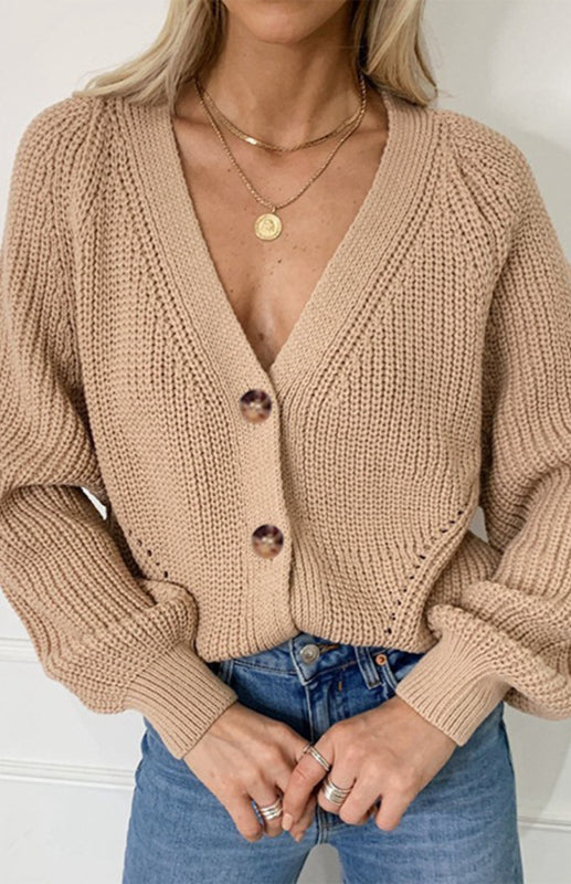 Cardigan Tricoté Uni Col V Manches Bouffantes avec Boutons