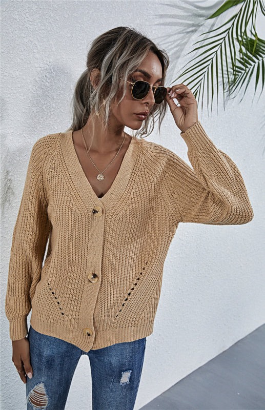Cardigan Tricoté Uni Col V Manches Bouffantes avec Boutons