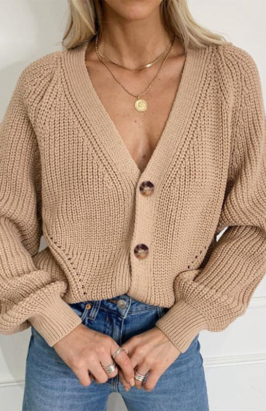 Cardigan Tricoté Uni Col V Manches Bouffantes avec Boutons