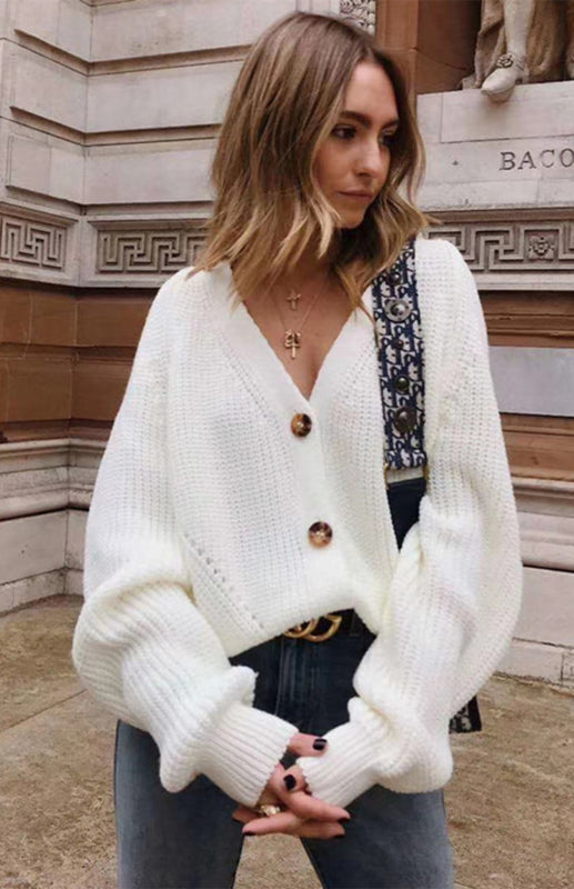 Cardigan Tricoté Uni Col V Manches Bouffantes avec Boutons