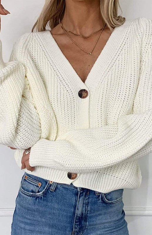 Cardigan Tricoté Uni Col V Manches Bouffantes avec Boutons