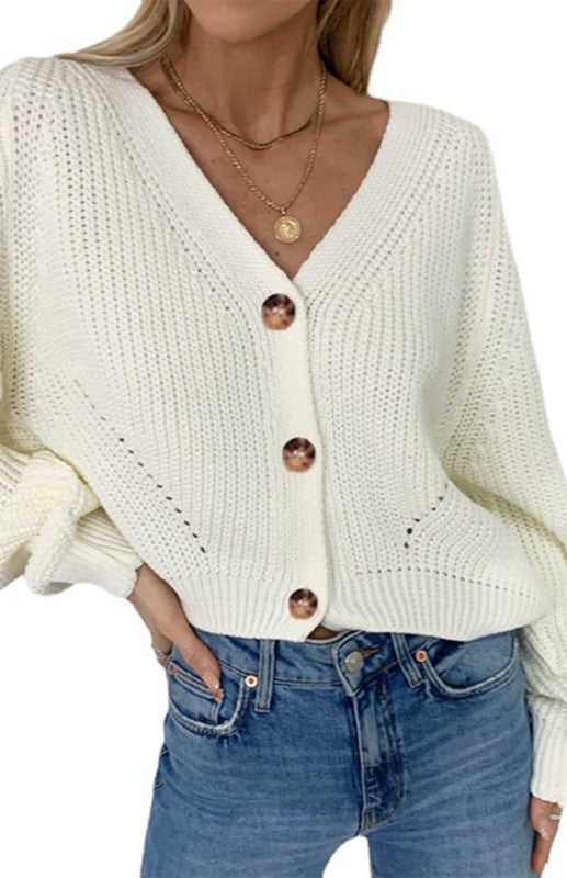 Cardigan Tricoté Uni Col V Manches Bouffantes avec Boutons