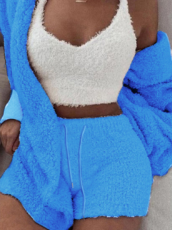 Ensemble Pyjama 3 Pièces Peluche Décontracté Débardeur Court et Short