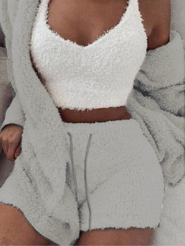 Ensemble Pyjama 3 Pièces Peluche Décontracté Débardeur Court et Short