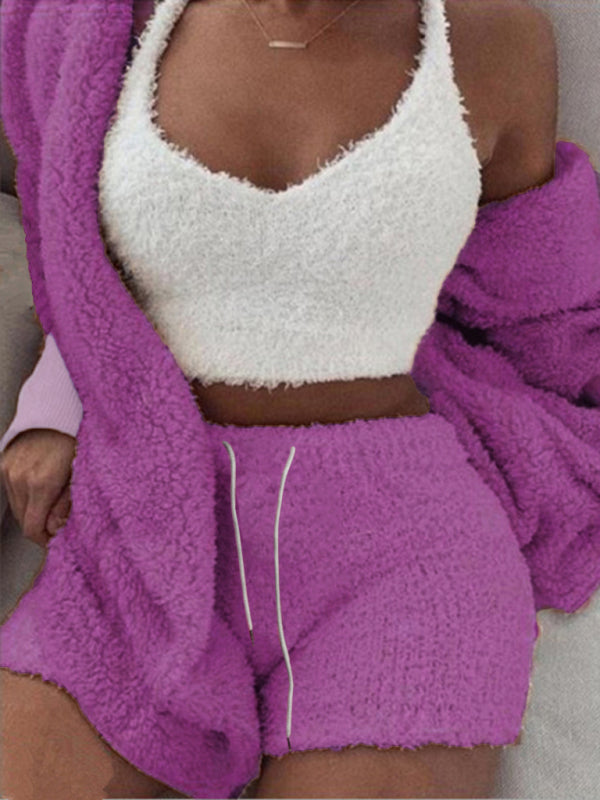 Ensemble Pyjama 3 Pièces Peluche Décontracté Débardeur Court et Short