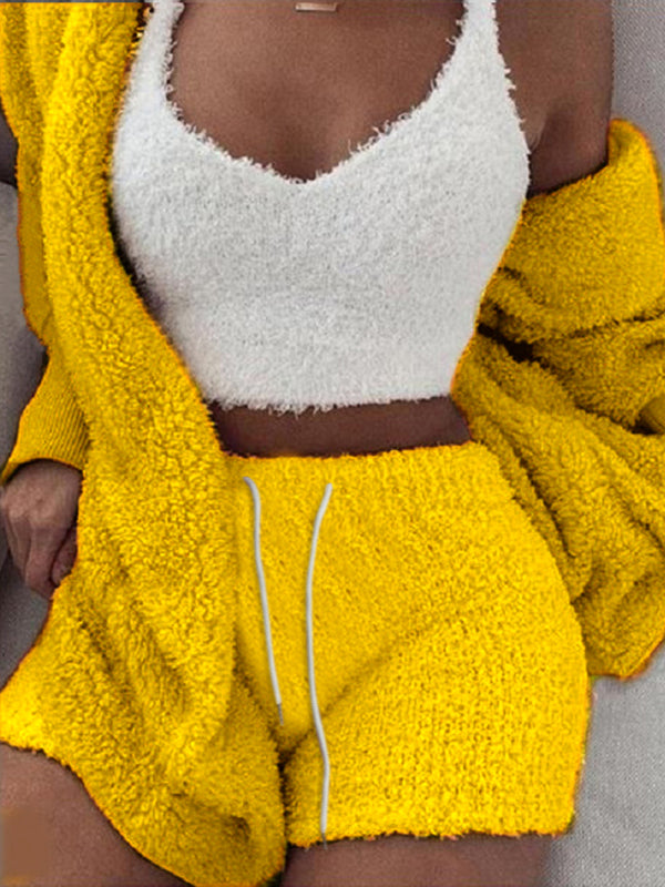 Ensemble Pyjama 3 Pièces Peluche Décontracté Débardeur Court et Short