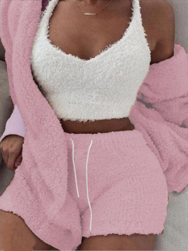 Ensemble Pyjama 3 Pièces Peluche Décontracté Débardeur Court et Short