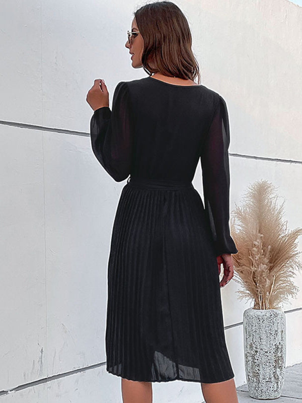 Robe Tissée Manches Longues Col V Plissée Femme