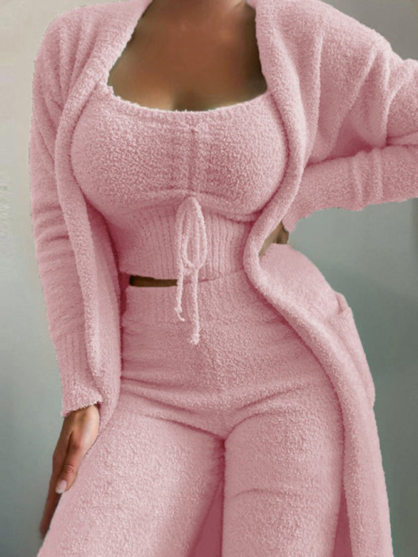 Ensemble 3 Pièces Mode Peluche : Débardeur à Lacets, Veste et Pantalon