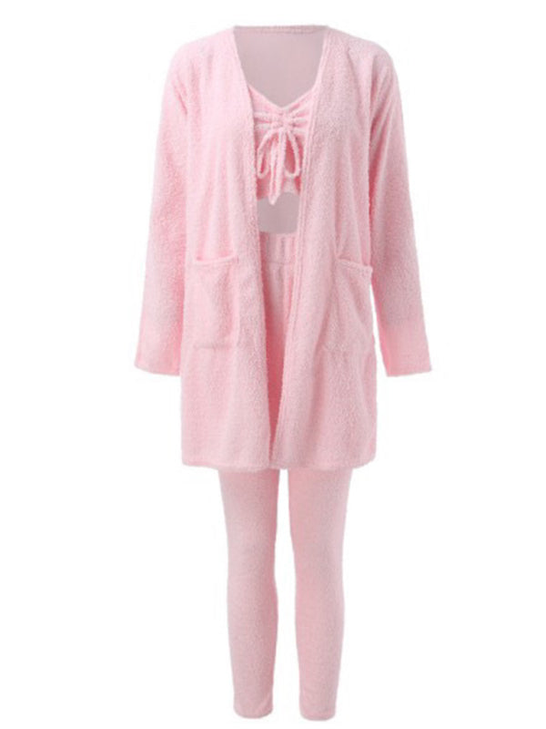 Ensemble 3 Pièces Mode Peluche : Débardeur à Lacets, Veste et Pantalon