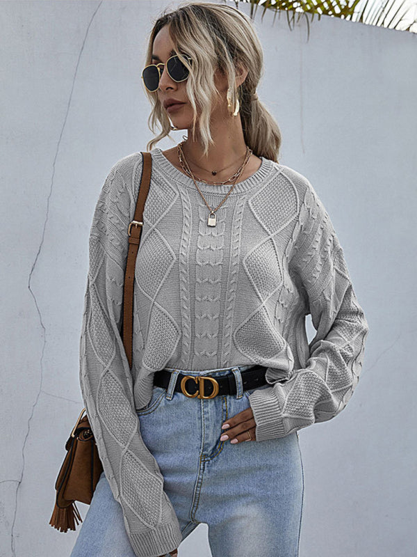 Pull Ample Manches Longues Torsadé Fin Couleur Unie