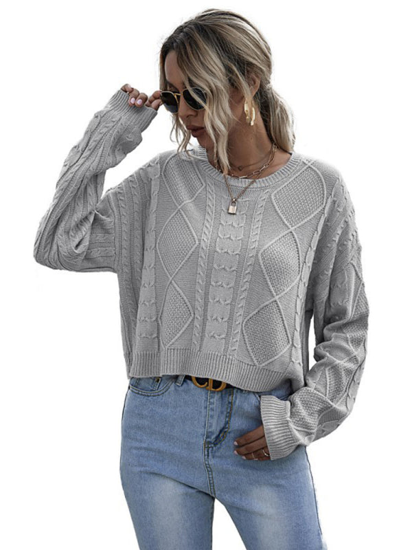 Pull Ample Manches Longues Torsadé Fin Couleur Unie